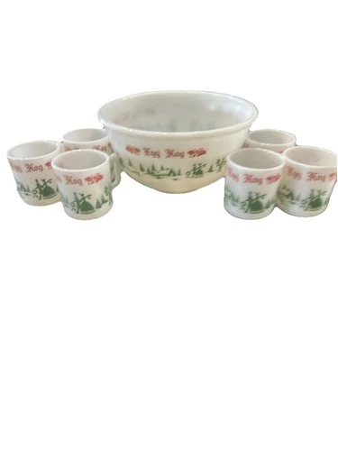 REDUCED Vintage 1950’s Hazel Atlas "Old New England Egg Nog" milk glass 7pc set