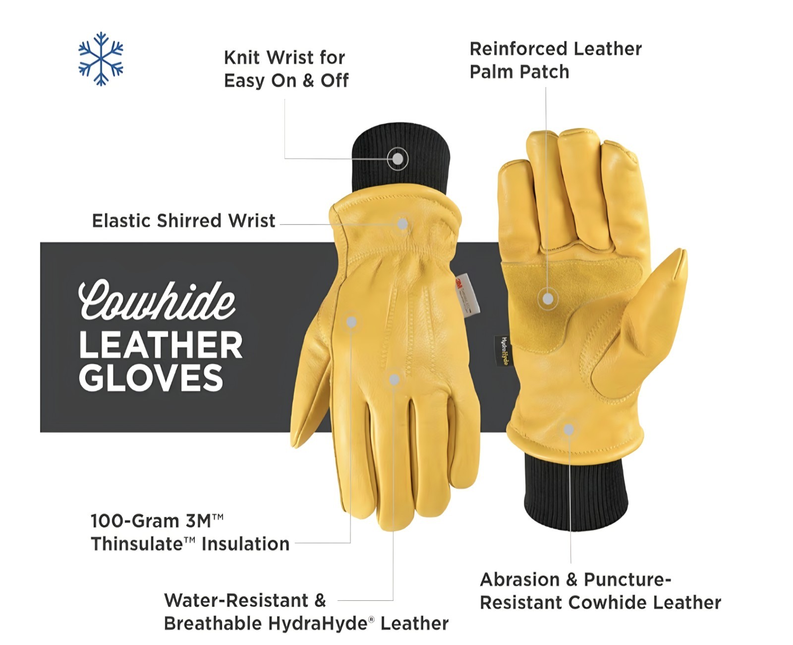 Wells Lamont Cold Weather Hydrahyde Thinsulate  Water Resistant Cowhide Gloves L