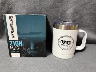 ZION BASECAMP STAINLESS STEEL TRAVEL MUG WHITE BC8808 15oz W/ ADVERTISMENT LOGO