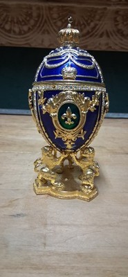 Vintage Blue Gold Metal Egg-Shaped Trinket Box Fleur de Lis Gemstones 6in