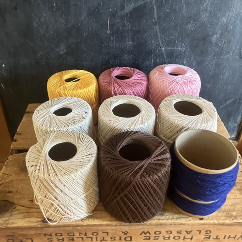 Lot of 9 Assorted Crochet Thread in Shades of Pink Yellow, White, Brown, Blue