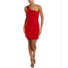 Halston Women's Cocktail Dress Size 16 Red Crepe One Shoulder Mini Sheath