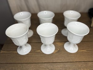 Set of 6 Vintage White Milk Glass Grape Vine Goblets Raised Pattern Stemware