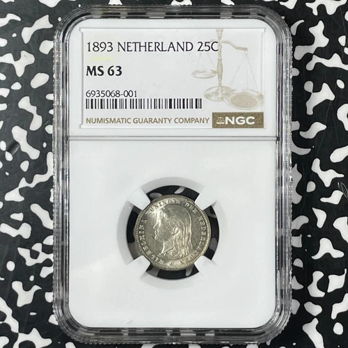 1893 Netherlands 25 Cents NGC MS63 Lot#G9942 Silver! Choice UNC!