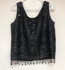 Vintage HONG KONG BLACK SPARKLY SCALLOPED BEADED SEQUINS EVENING SHELL TOP SHIRT