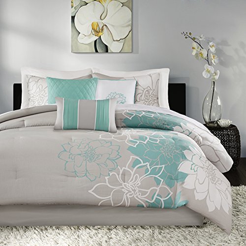 Queen Size Comforter Set 7-Piece Bedding Bed in A Bag Aqua Grey Floral Flowers - Picture 1 of 5