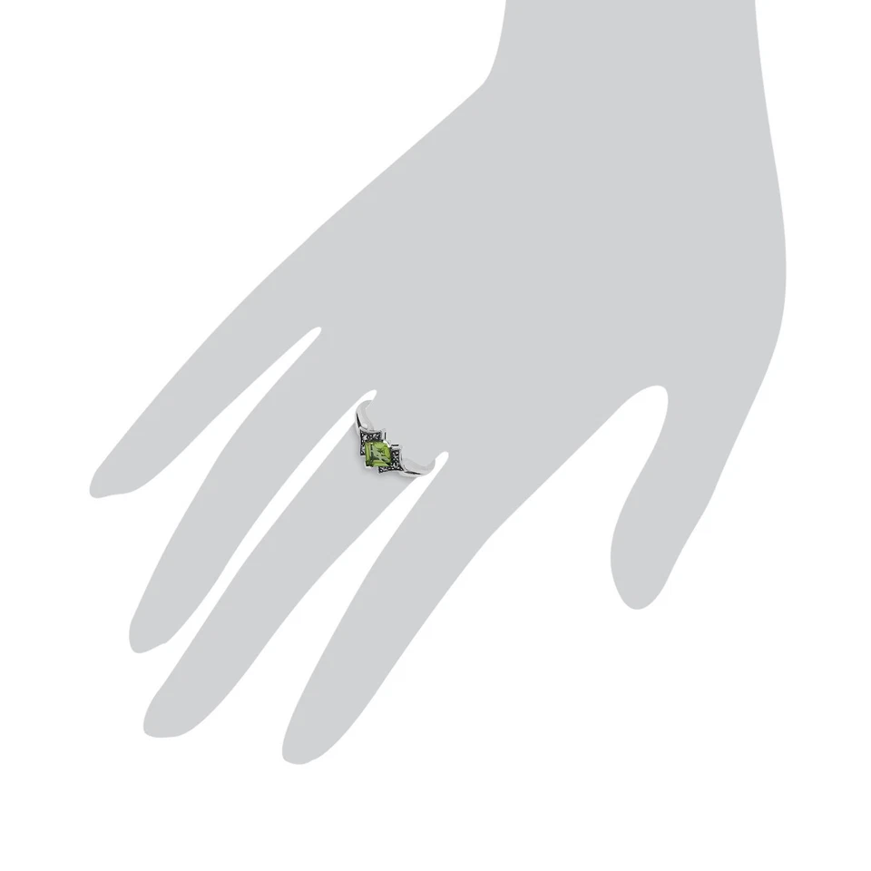 Art Déco Stile Quadrato Peridoto E Marcasite Anello IN 925 Argento Sterling - Immagine 3 di 4