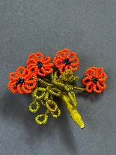 Handmade Large Orange & Blue Beaded Flowers w Green Leaves & Stem Pin Brooch –