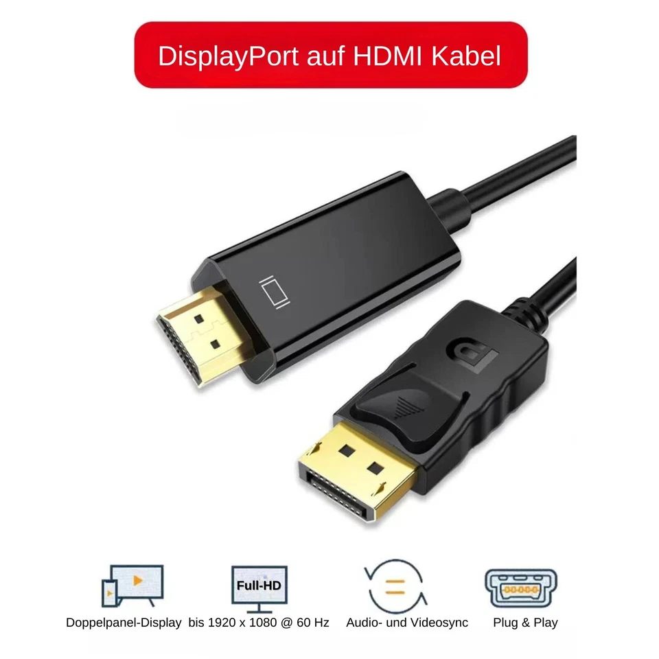 M39 DisplayPort auf HDMI Kabel DP Stecker auf HDMI Stecker Verbindungskabel 1,8m - Bild 3 von 4
