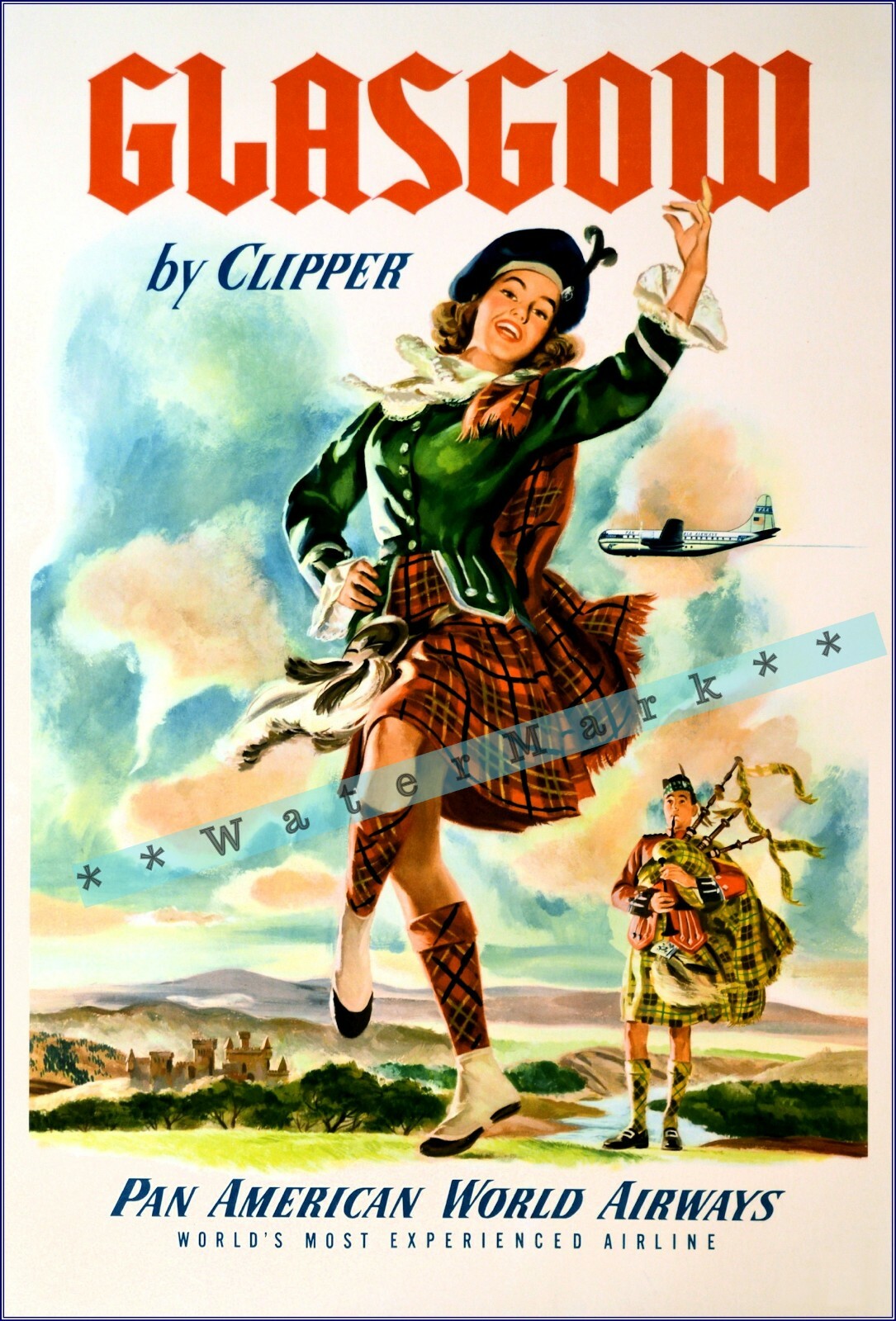 Glasgow Scotland 1951 Fly Pan Am Clipper Vintage Poster Print Retro Wall Art