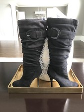Brand New Women s Knee High Heel Faux Black Suede Boots With Half Zipper Cute