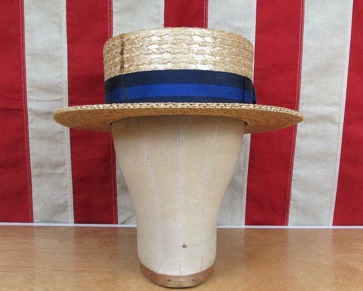 Deadstock 1960s Doree of New York‎ Woven Straw w/Attached Ribbon Boater Hat Vintage Style Straw Boater Hat, Light Green Velvet Ribbon  main image 2