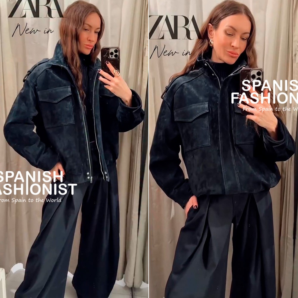 archive zara western jacket suède black ZARA WOMAN NWT FW25 BLUE 100% SUEDE LEATHER JACKET WITH POCKETS