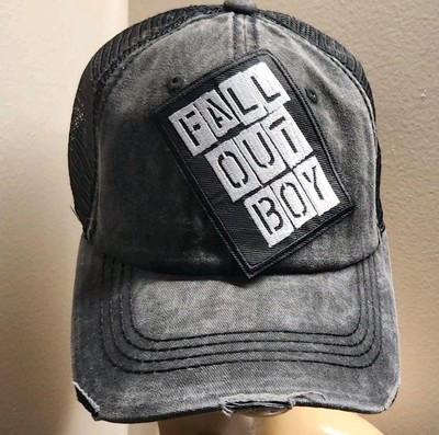 Fall Out Boy Trucker Hat Distressed Baseball Cap Black Mesh FALL OUT BOY HAT