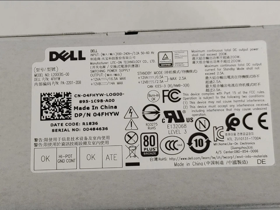 Dell OptiPlex 3060 SFF 6 Pin 200W Desktop Power Supply 4FHYW - Image 2 of 3
