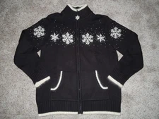 QUACKER FACTORY BLACK FULLZIP BEADED SNOWFLAKE EMBRODERED COTTON CARDIGAN SMALL