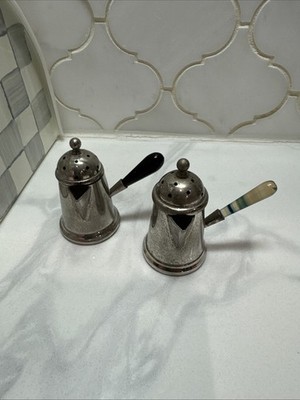 Unusual Vintage Chocolate Pot Shaped Salt & Pepper Shakers w Banded Agate Handle