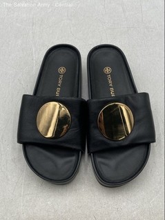 Tory Burch Womens Patos Disk Black Leather Slip On Slide Sandals Size US 6