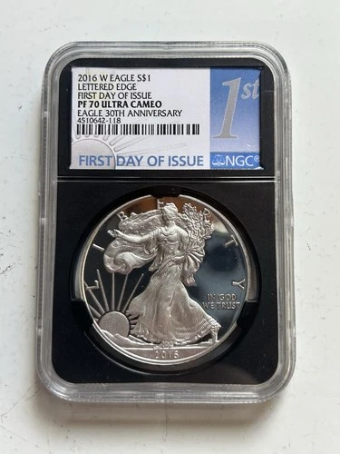 2016 American Silver Eagle Lettered Edge First Day Of Issue PF70 Ultra Cameo