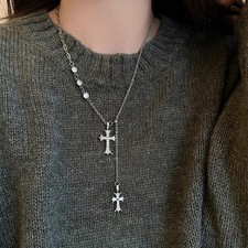 925 Sterling Silver Minimalist Double Cross Necklace Pendant Jewellery Women