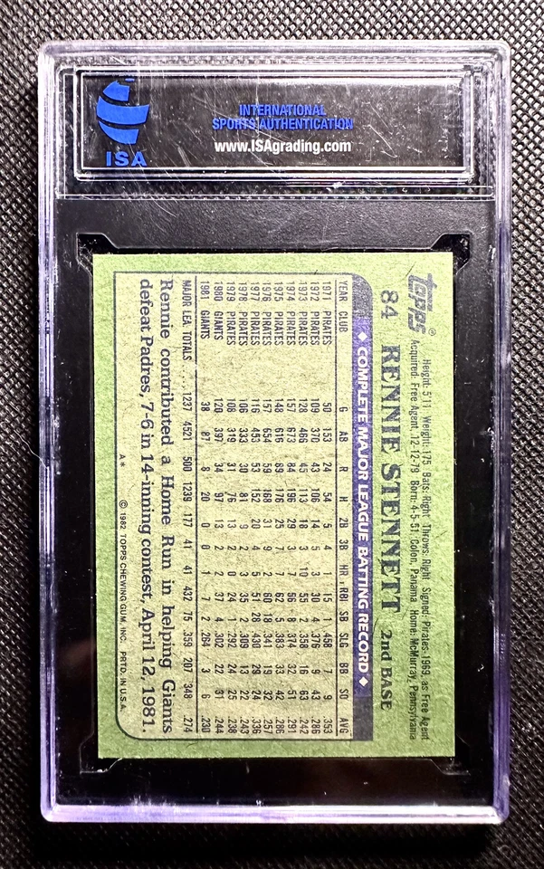 1982 Topps #84 Rennie Stennett San Francisco Giants ISA 10 GEM MINT - Image 3 of 3
