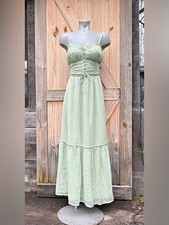 Patrons of Peace Sage Green Boho Swiss Dot Spaghetti Strap Ruffle Maxi Dress~M~