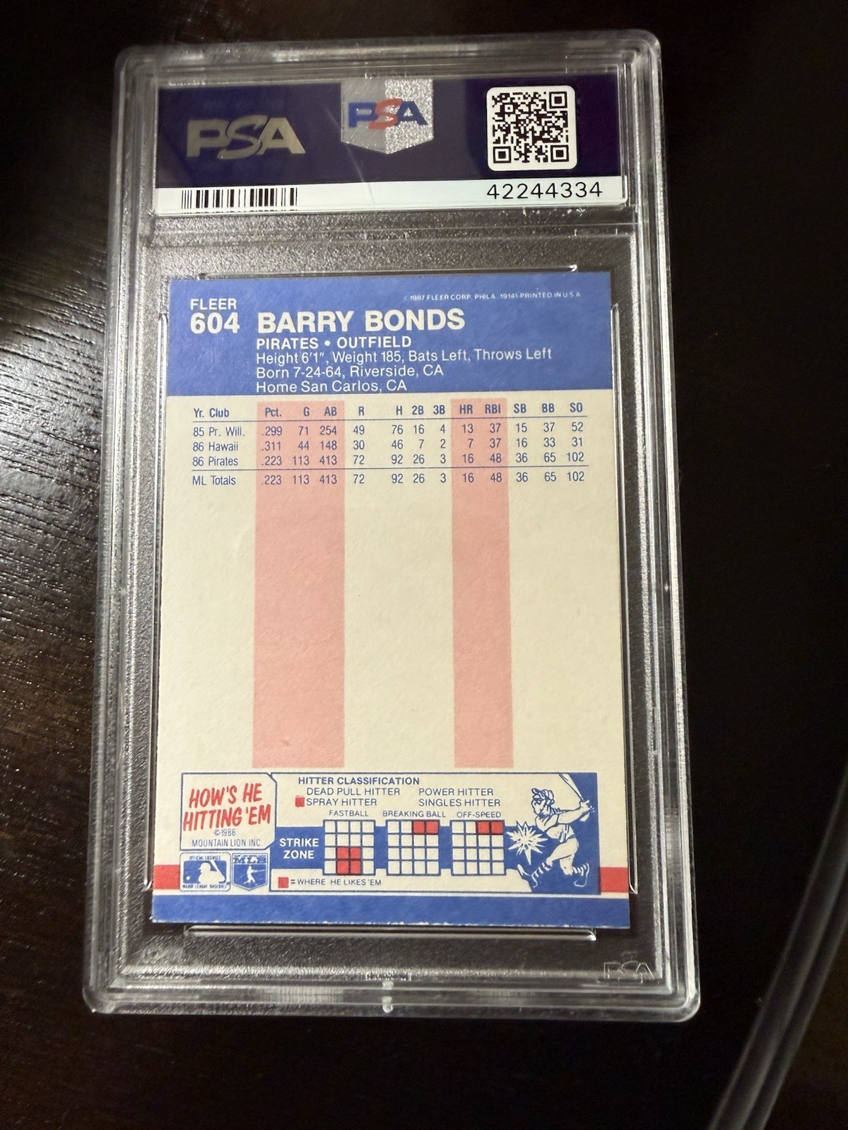 1987 Fleer #604 Barry Bonds PSA 9 RC Pittsburgh Pirates  view 2
