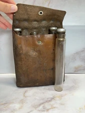 Antique WWI Era Medicine Travel Leather Pouch And Glass Apothecary Vials W/ Cork