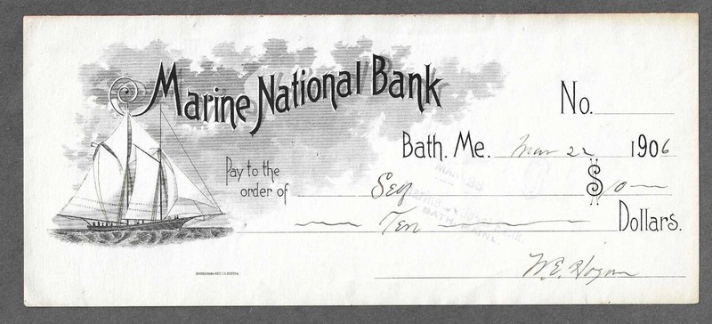 1906 Bath Maine Bank Check "Ship"