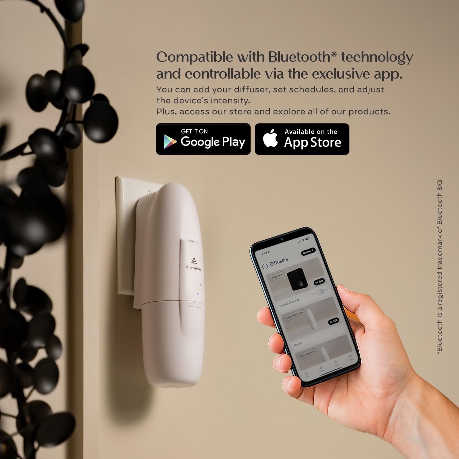 AromaPlan Plug-in Diffuser w/ 2 Fragrances, Cold Air, Silent, App Control, White