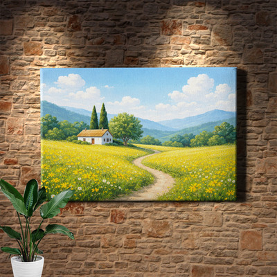 Pastoral Countryside Wall Art Wildflower Field White Cottage Scene