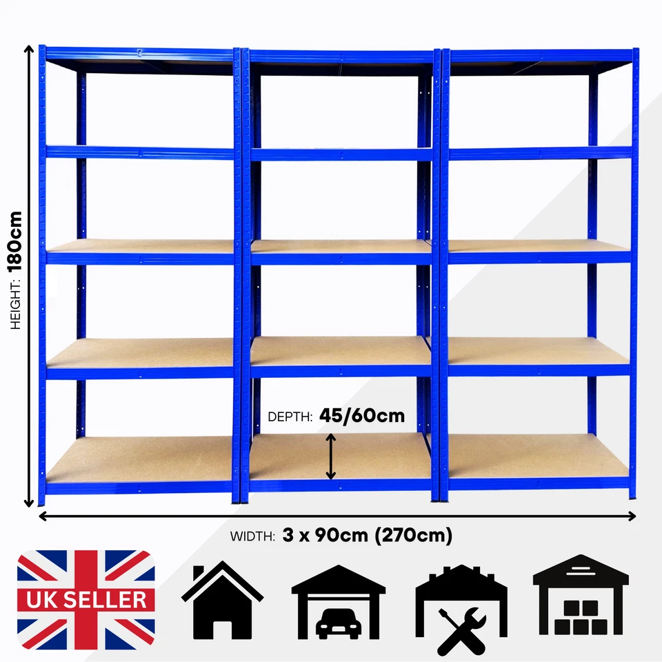 RACKING MONKEY Garage Shelving Units x 3 Heavy Duty Metal Racking Blue Boltless 180x90x45/60cm