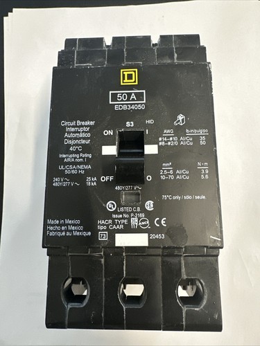 Interruttore Quadrato D EJB34050 – 3 Poli 50 Ampere 600V – Montaggio A Bullone