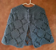 Handmade Wool Angora Crocheted Cape Caplet Shaw L Sweater Cardigan S M blue