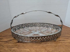 Vintage Oval Scalloped Hors d'oeuvre Set Silver Plate  Dish Folding Handle