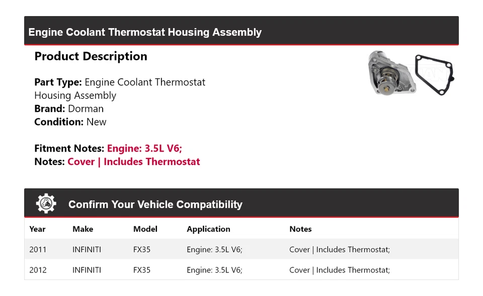 Conjunto de carcasa de termostato Dorman Infiniti FX35 2011-2012 3,5 L V6 Foto 2 de 4