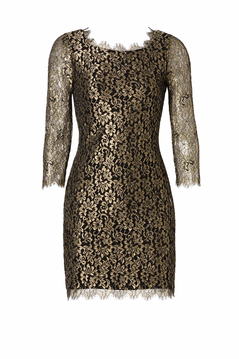 NEW DVF Diane von Furstenberg ZARITA Gold Metallic Lace Black Dress 4 6 8