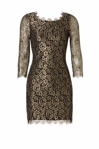 NEW DVF Diane von Furstenberg ZARITA Gold Metallic Lace Black Dress 4 6 8 - Picture 1 of 11