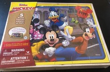 Disney Junior Mickey Mouse 5 Wood Jigsaw Puzzles in Wood Storage Box New