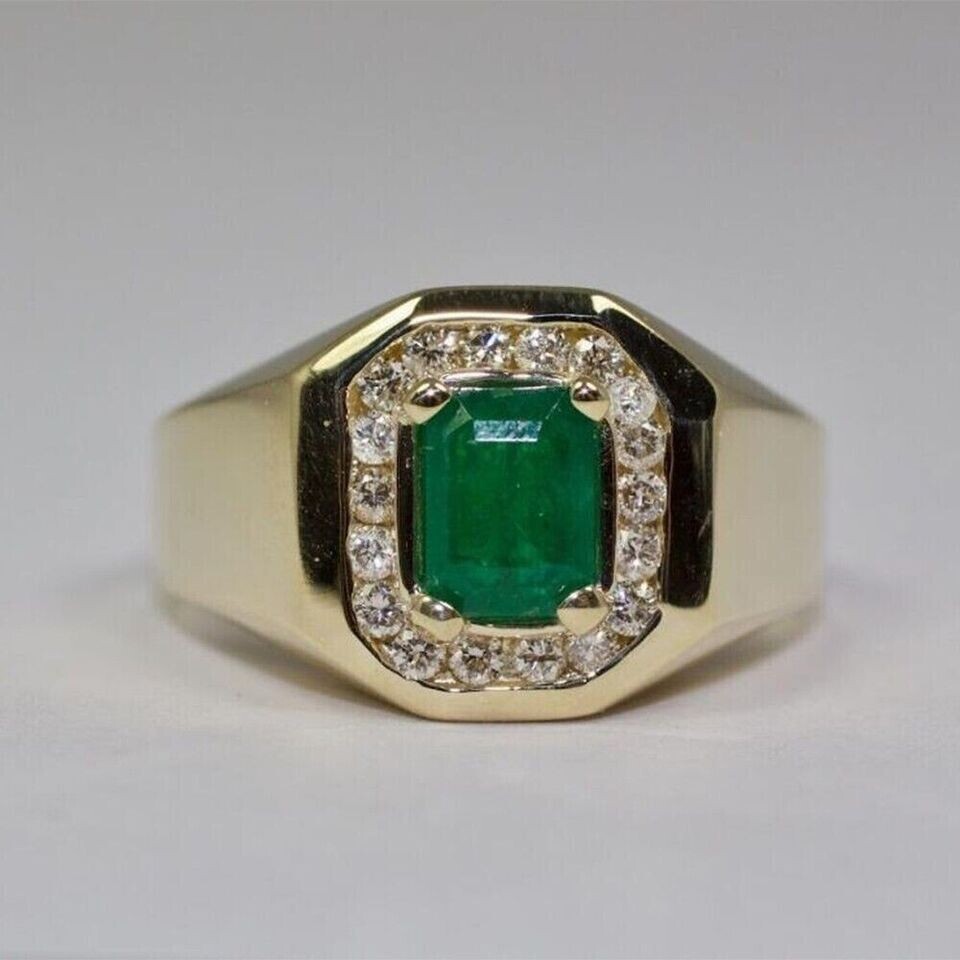 Natural Green Emerald Diamond Men's Engagement Ring 14k Yellow Gold