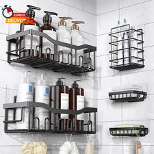 5-Pack Shower Caddy Set – No-Drill Adhesive Shelves, Black Steel Organizer