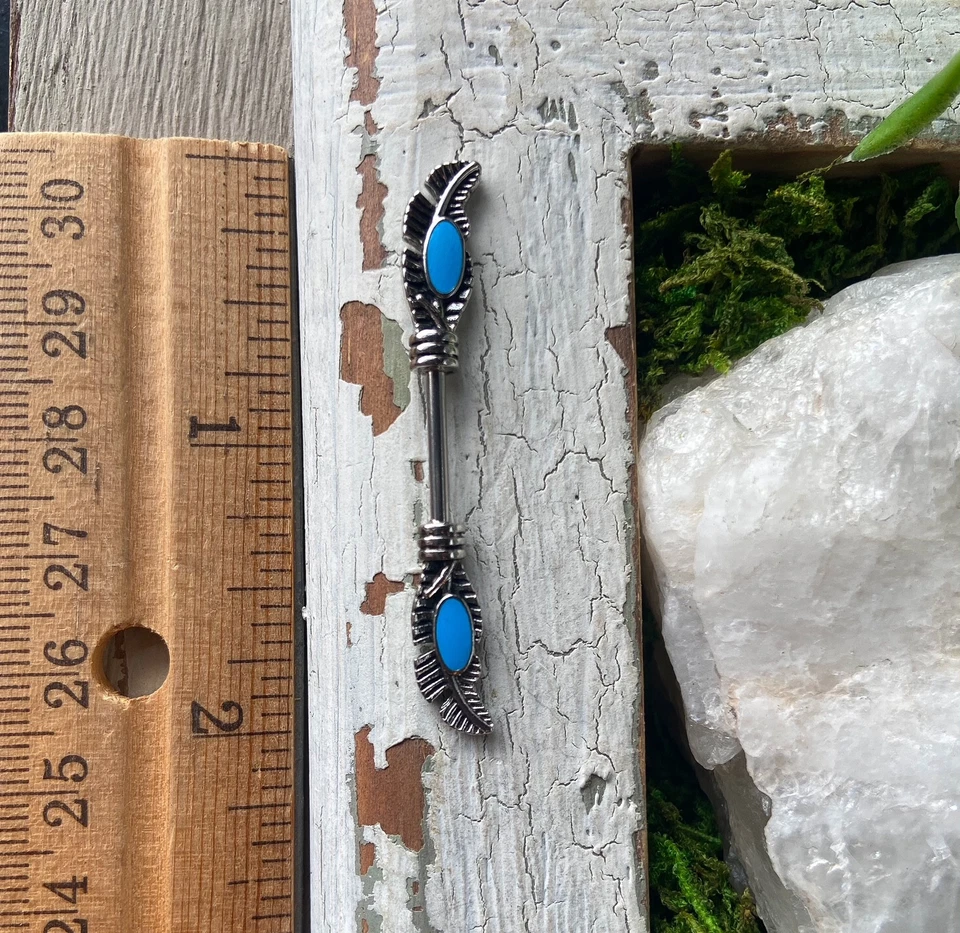 PAR de anéis de mamilo tribal pena esmalte turquesa escudos piercing joias corporais - Imagem 2 de 4