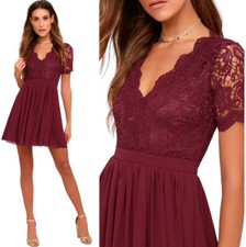 Lulus Dress Womens XS Burgundy Angel Disguise Lace Skater Fit & Flare Mini Prom
