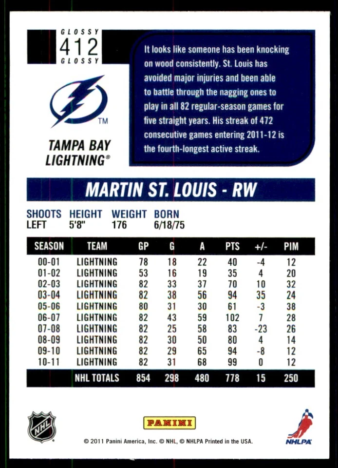 2011-12 Score Martin St. Louis #412 - Image 2 of 2
