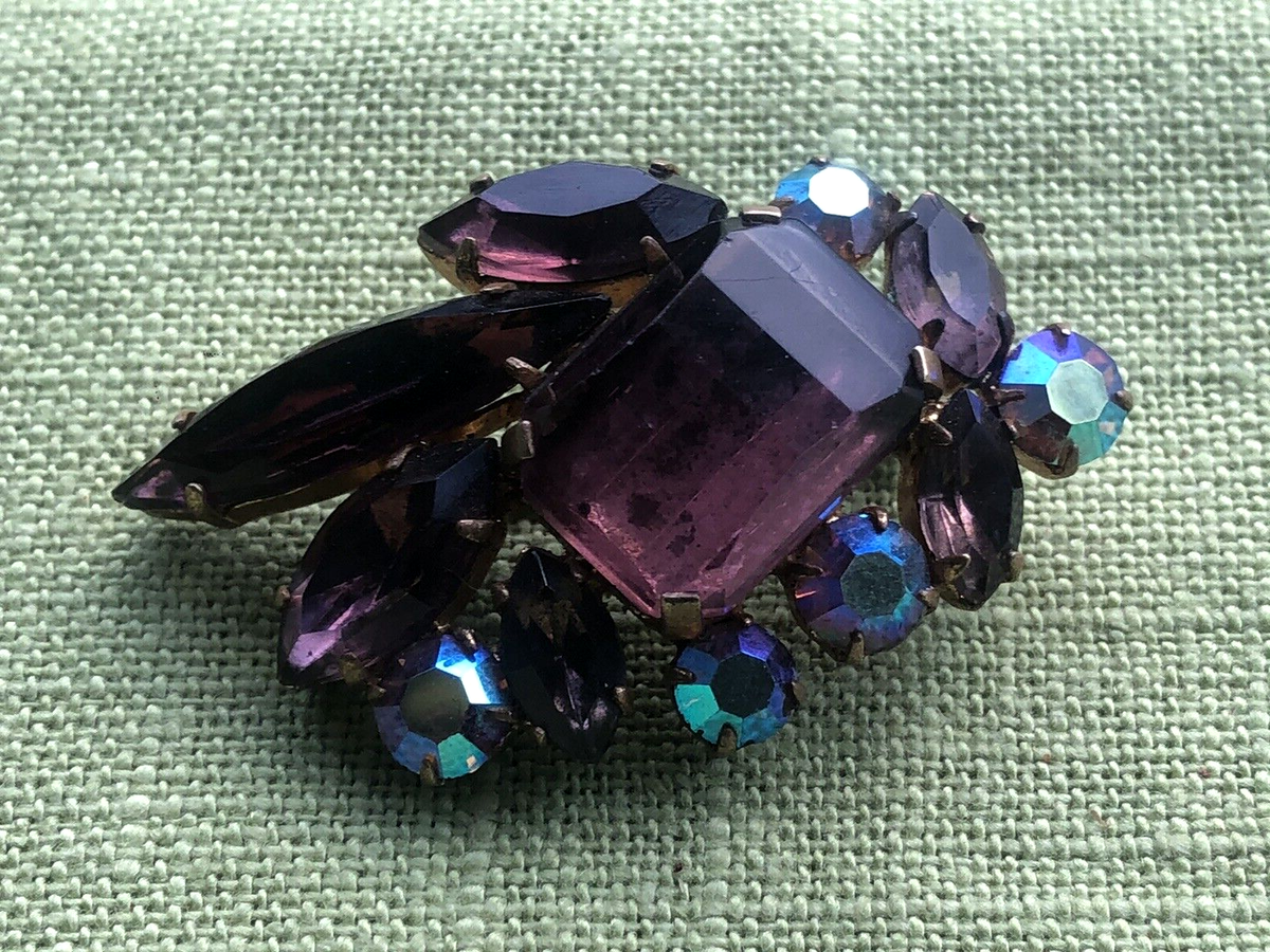 Vintage Brooch Violet stone glass Bronze | eBay