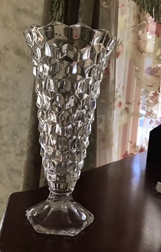 Fostoria AMERICAN klare ausgestellte Knospenvase sechseckiger Sockel 6" hoch Top Zustand