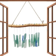 DEEP BLUE SEA GLASS WIND CHIME - GLASS & DRIFT WOOD WIND CHIME
