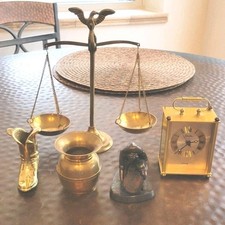 Vint. Lot of 5 Misc. Brass & Other Metal Pieces Eagle Balance, Linden Qtz. Clock