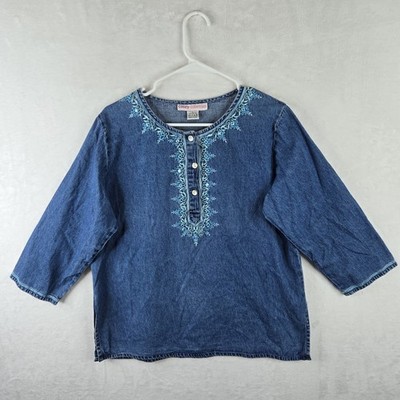 Casey Coleman Womens Vintage Blue Denim Embroidered Tunic Top Size L 100% Cotton
