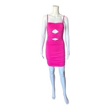 Shein Womens Small Hot Neon Pink Sleeveless Ruched Cut Out Bodycon Mini Dress